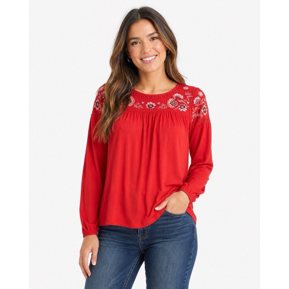 Knox Rose Womens Medium Red Embroidered Boho Peasant Blouse Top Cottagecore